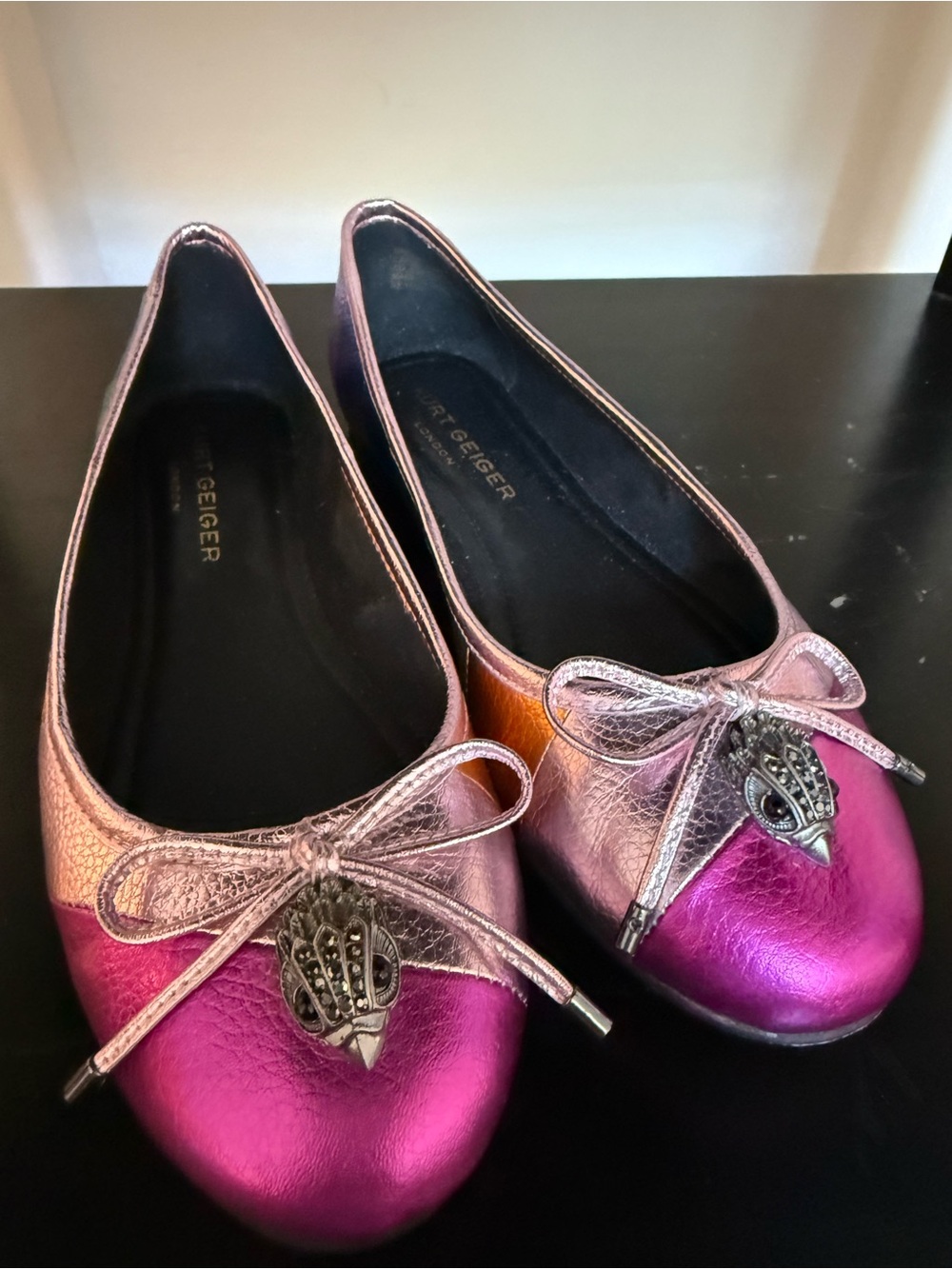 Kurt Geiger Metallic Pink and Rose Gold Ballet Flats with Bow